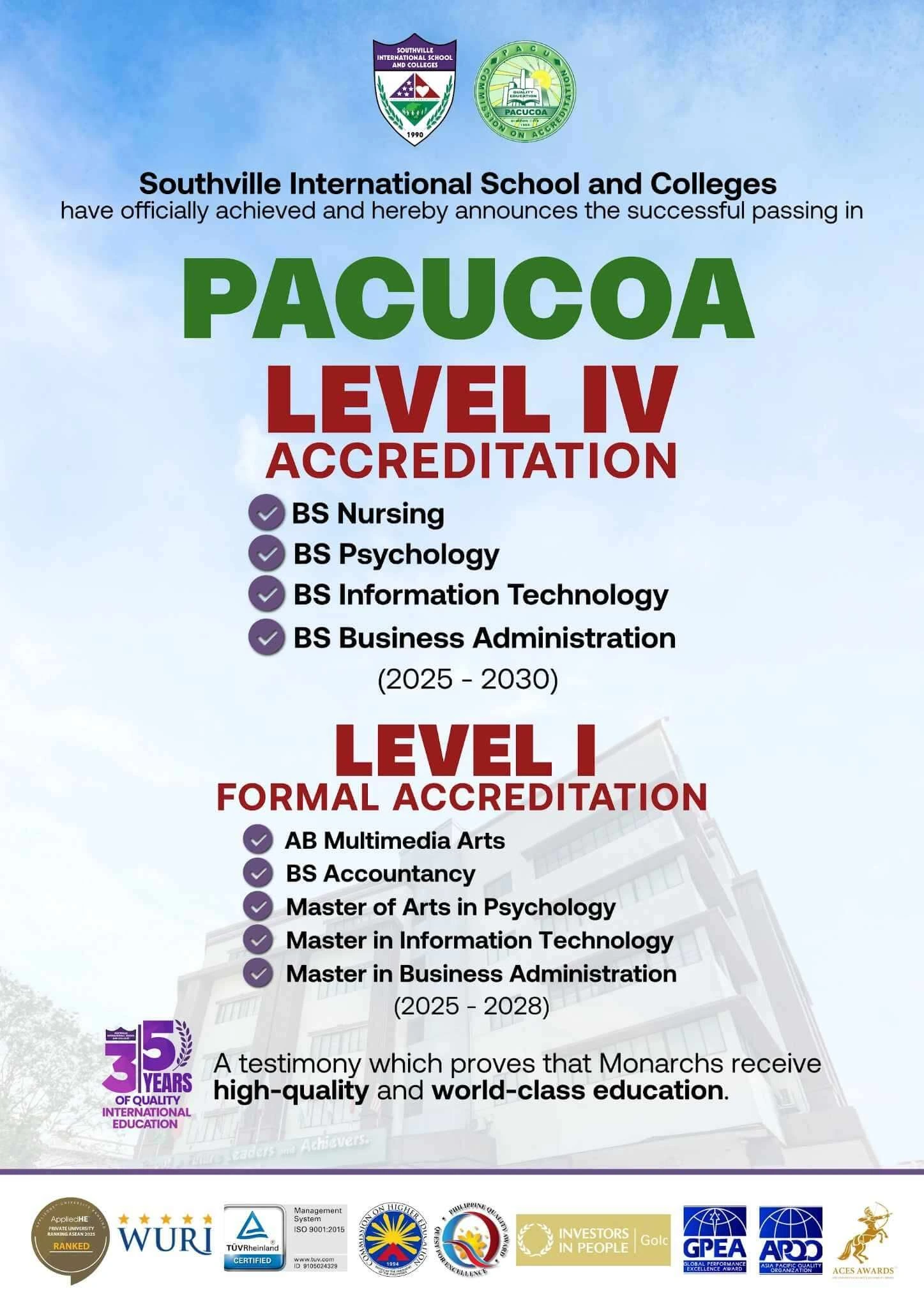 Southville Earns PACUCOA Level IV Accreditation for Four Flagship Programs