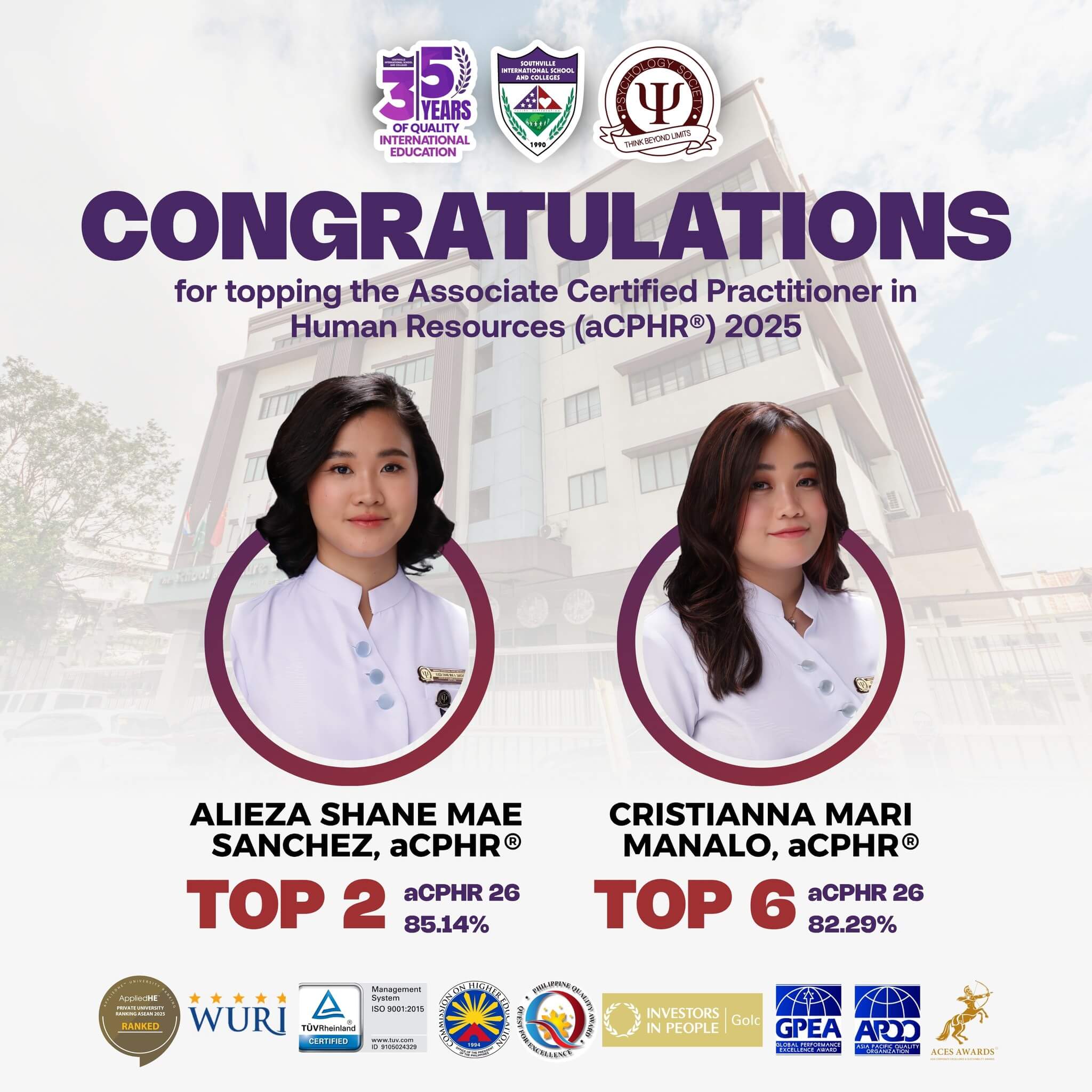 Viva Sikolohiya! Southville Psychology Tops aCPHR® 2025 with 100% Passing Rate
